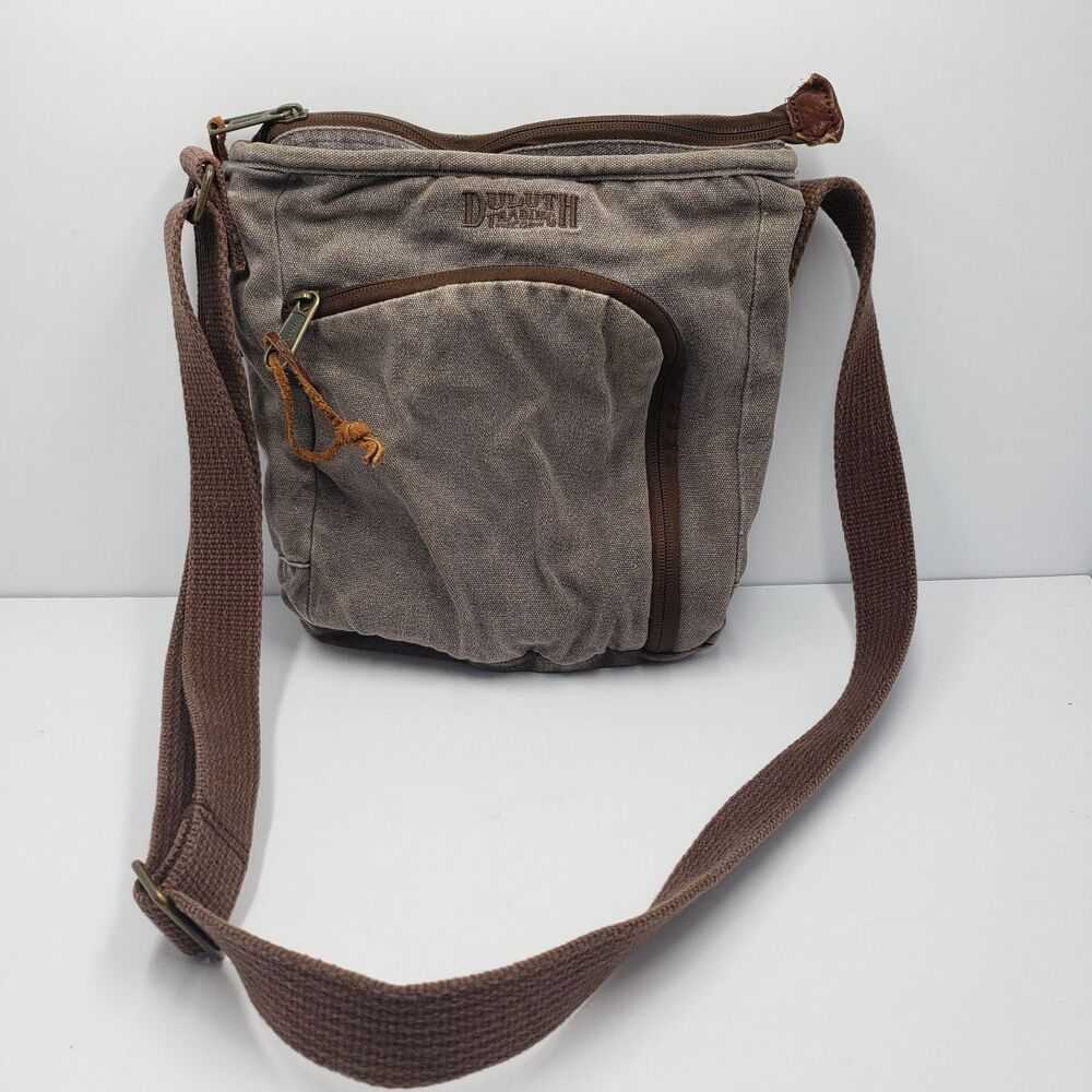 Duluth Trading Co Canvas Crossbody Purse Gray Brown Field Bag Multi Pocket
